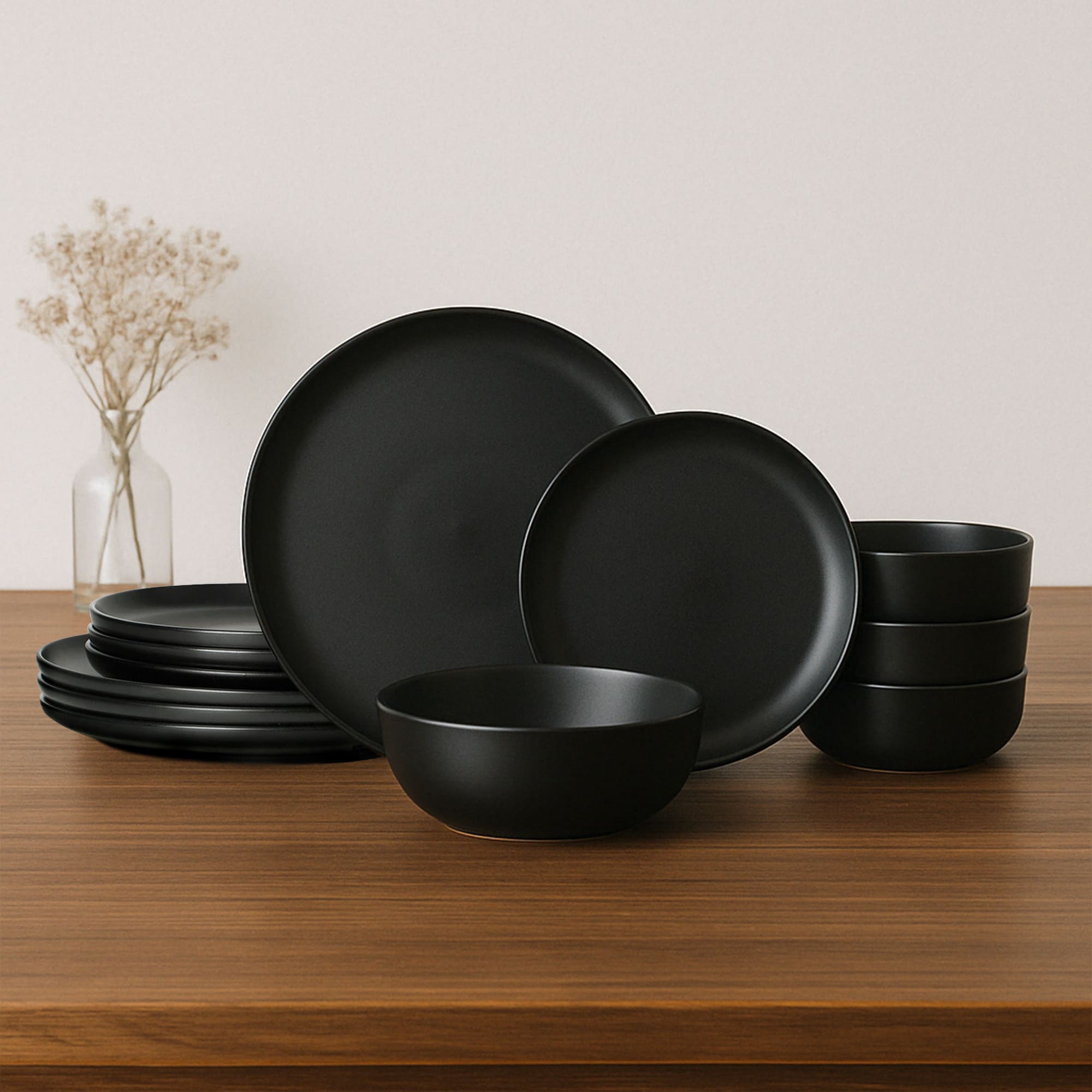 12-Piece Stoneware Dinner Plates Bowls Sets | Microwave & Dishwasher Safe | Non-Toxic Dinner Plates Bowls Set | Stackable Matte Glaze Kitchenware For 4_voghion.com
